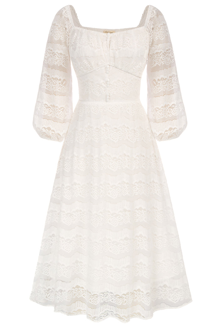 Defined Waist Lace Dress 3/4 Sleeve Square Neck Midi Dress Frieeah Defined Waist Lace Dress 3/4 Sleeve Square Neck Midi Dress Frieeah