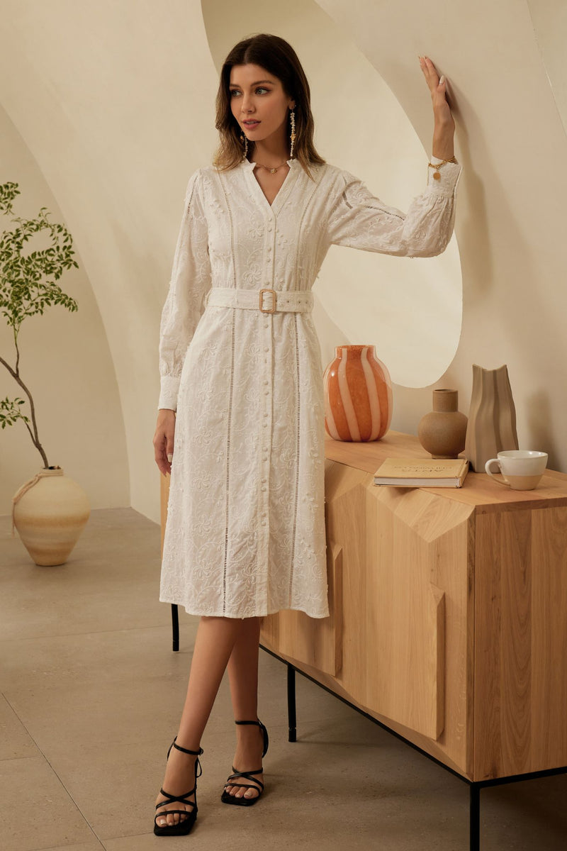 Cotton Midi Dress Long Sleeve Stand Collar V-Neck A-Line Dress Frieeah Cotton Midi Dress Long Sleeve Stand Collar V-Neck A-Line Dress Frieeah