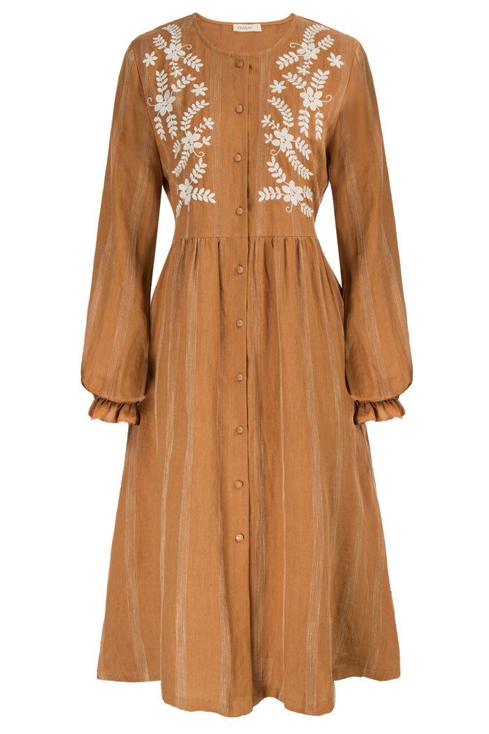 Linen Striped Printed Button-up A-Line Dress