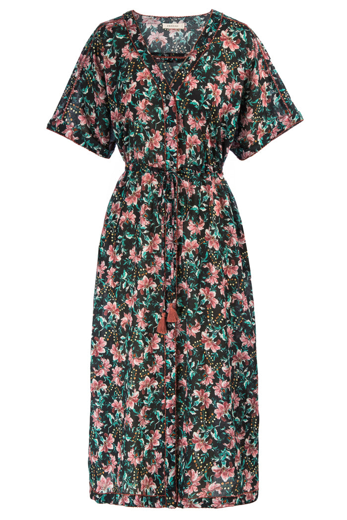 FLoral Print Drawstring Waist Button-up Dress