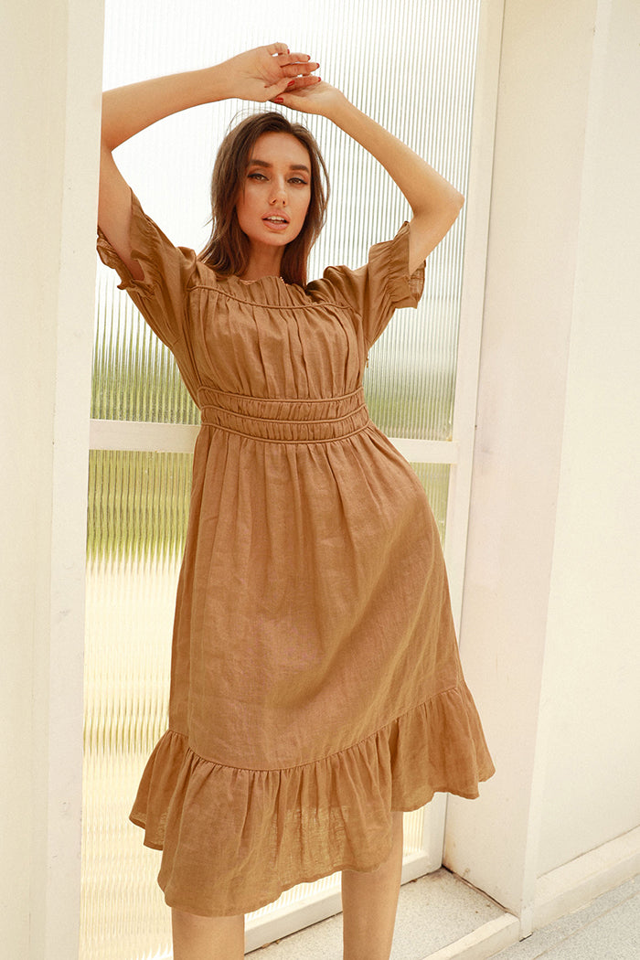 puff sleeve pleated dress Wholesale MOQ6 Puff Sleeve Pleated High Waist Flowy Midi Dress