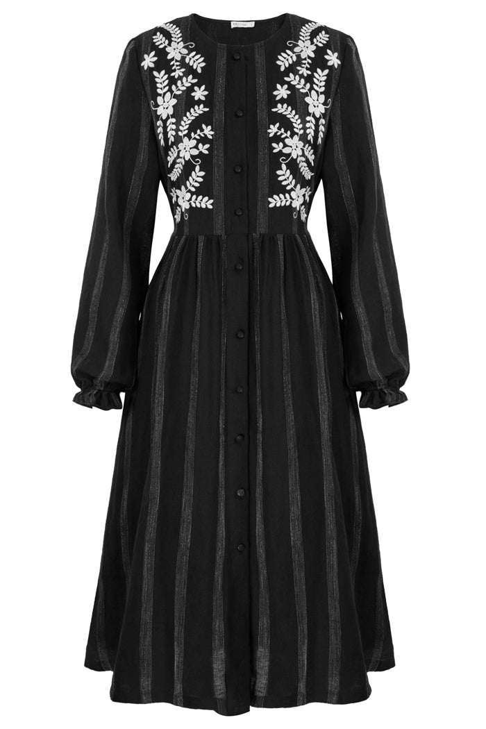 Linen Striped Printed Button-up A-Line Dress