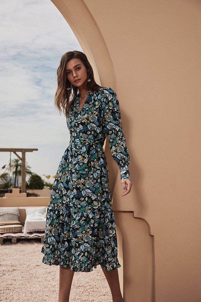 V-Neck Ruffled Hem Dress