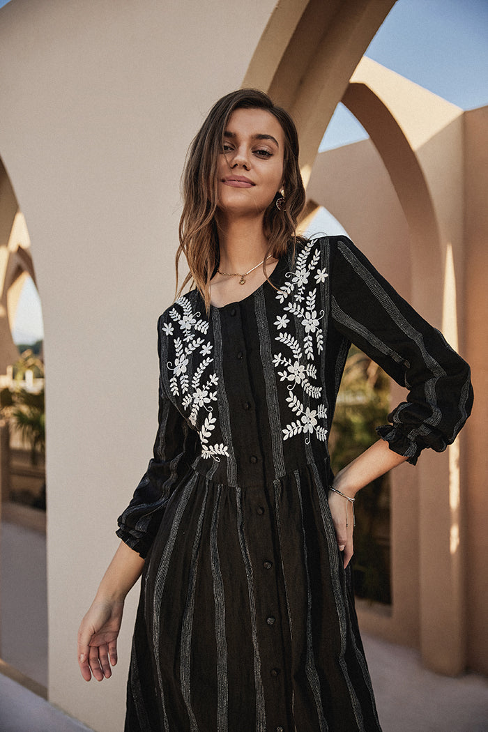 Linen Striped Printed Button-up A-Line Dress Frieeah Linen Striped Printed Button-up A-Line Dress Frieeah