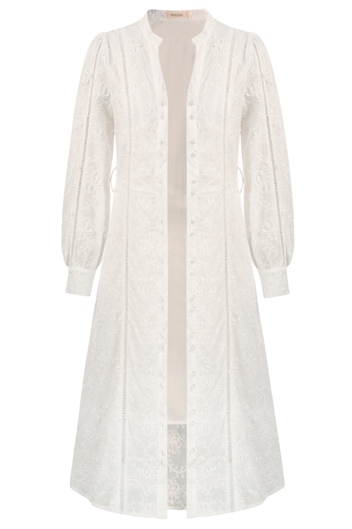 Cotton Midi Dress Long Sleeve Stand Collar V-Neck A-Line Dress