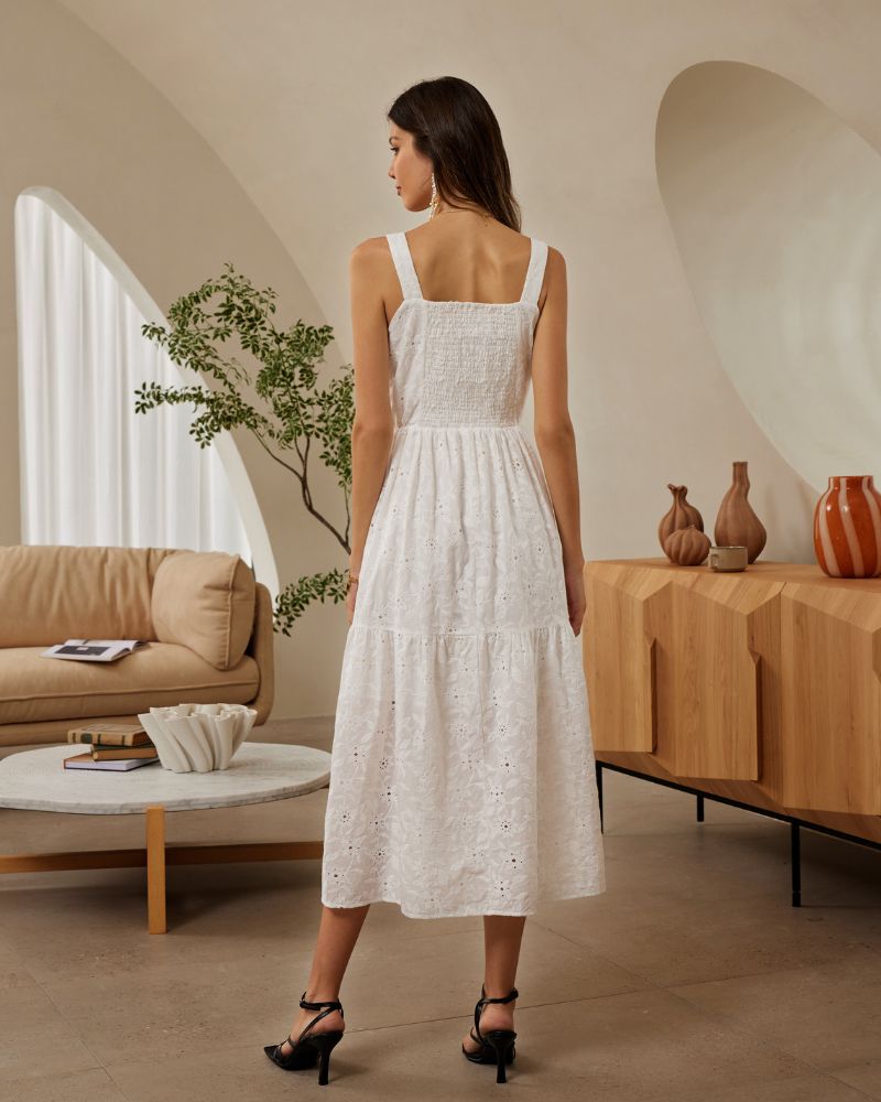 Cotton Maxi Dress Square Neck Elastic Waist Tiered A-Line Dress