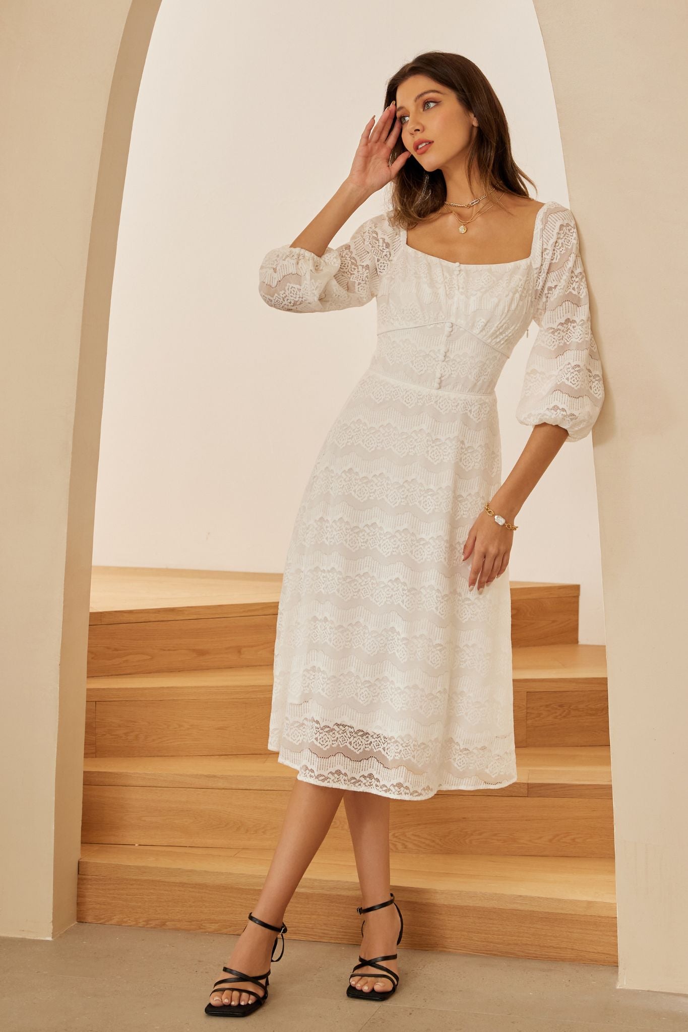 Defined Waist Lace Dress 3/4 Sleeve Square Neck Midi Dress Frieeah Defined Waist Lace Dress 3/4 Sleeve Square Neck Midi Dress Frieeah