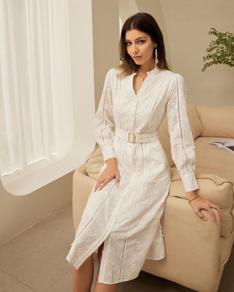 Cotton Midi Dress Long Sleeve Stand Collar V-Neck A-Line Dress