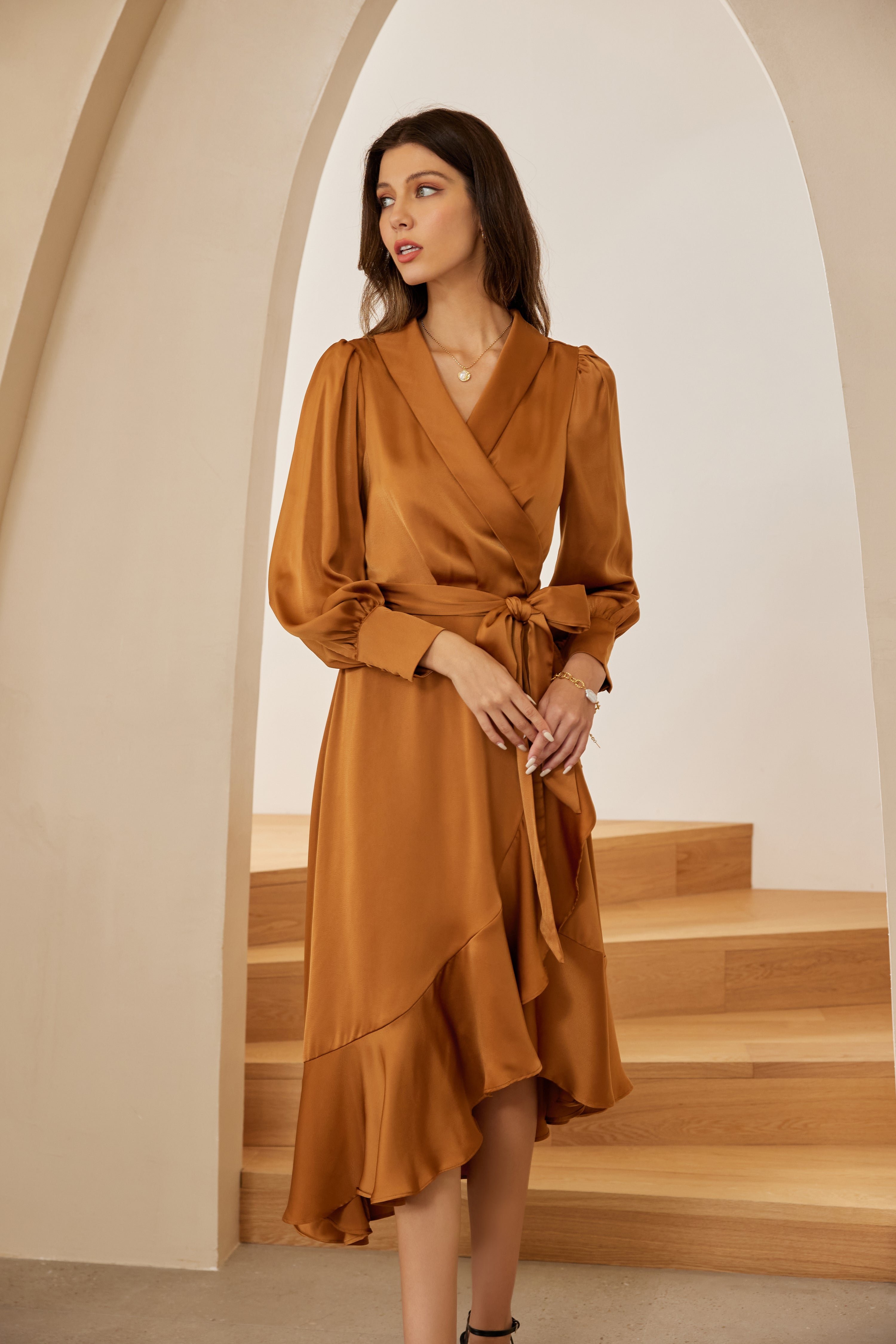long sleeve dress with shawl Lapel Irregular Hem A-Line Dress – Frieeah Plating:Silver Vintage Travilla Red Silk Ankle Length Embellishment vslipdress