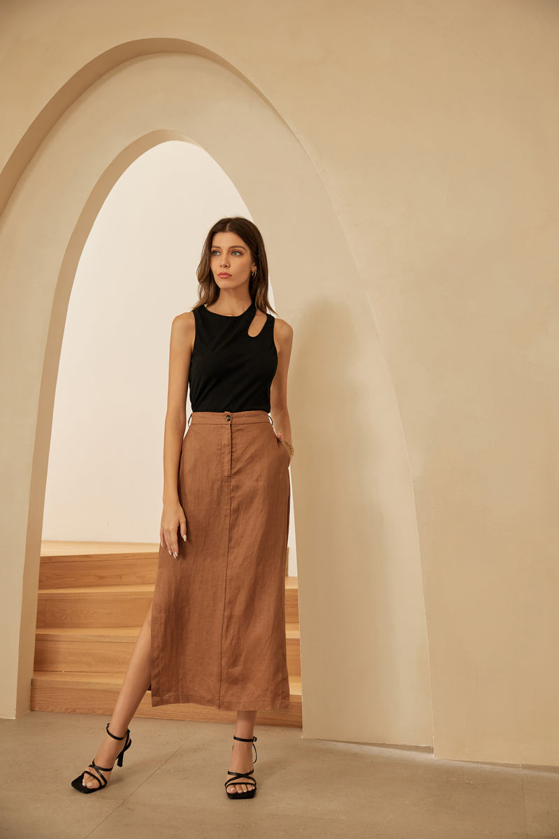 Linen Skirt Comfy Elastic High Waist Side Slit Straight Midi Skirt