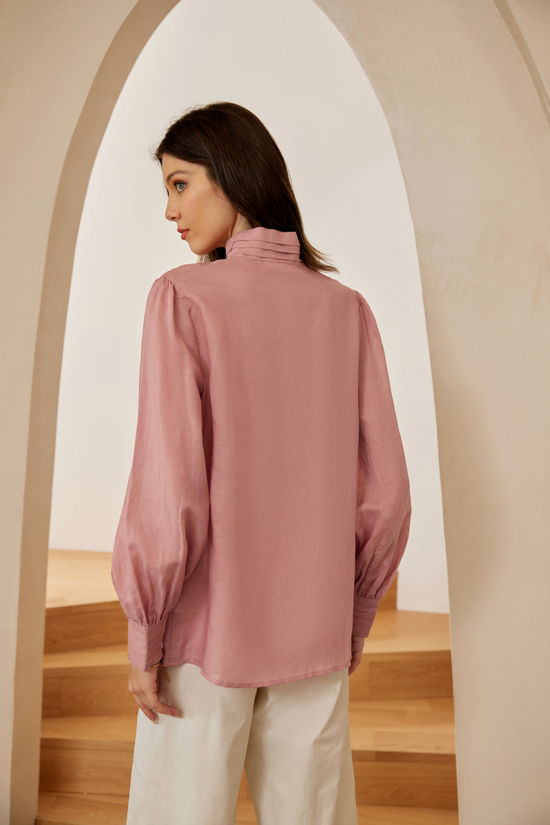 Loose Fit Shirt Long Lantern Sleeve Stand Collar Pleated Tops
