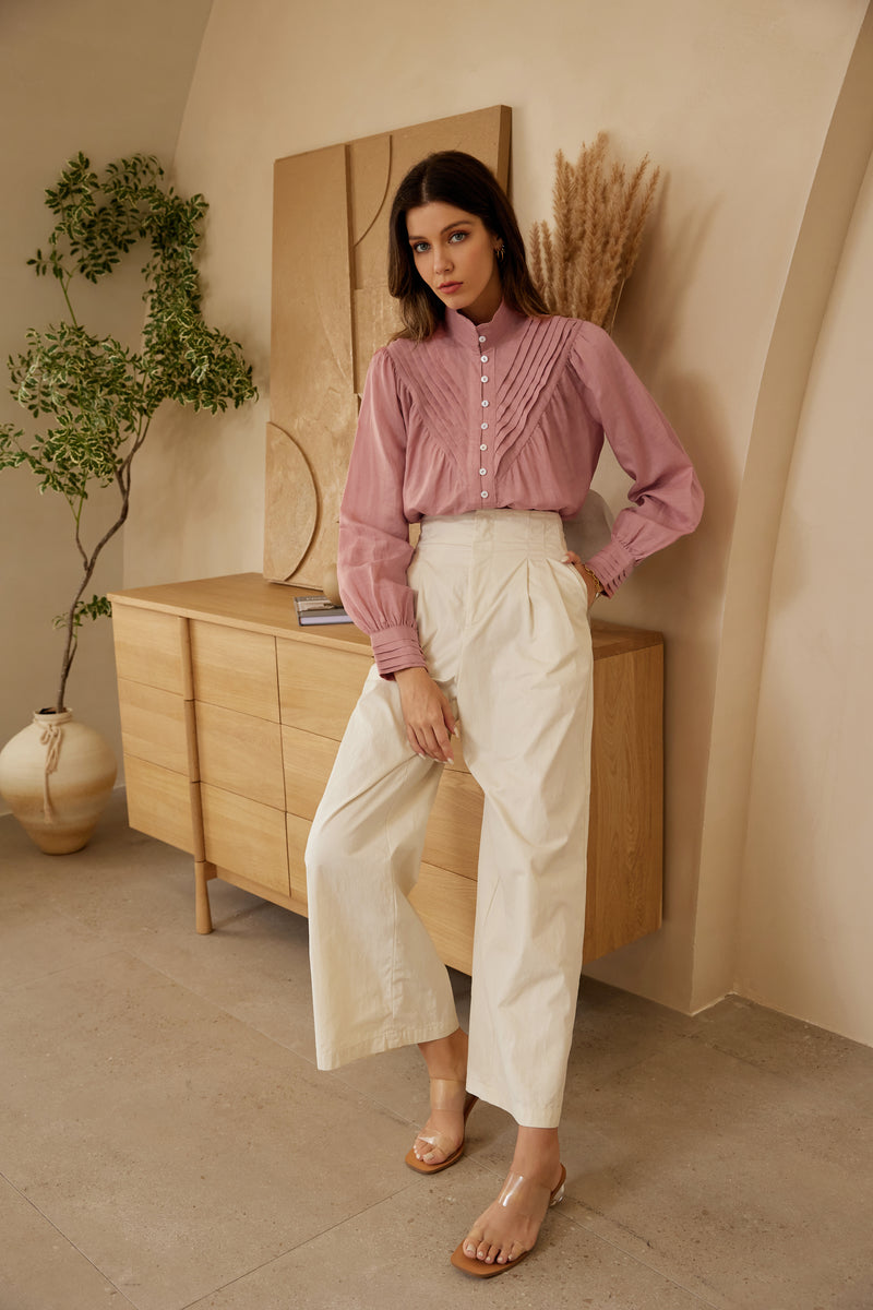 Loose Fit Shirt Long Lantern Sleeve Stand Collar Pleated Tops