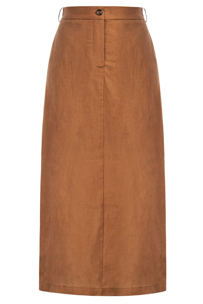Elastic High Waist Side Slit Midi Linen Skirt