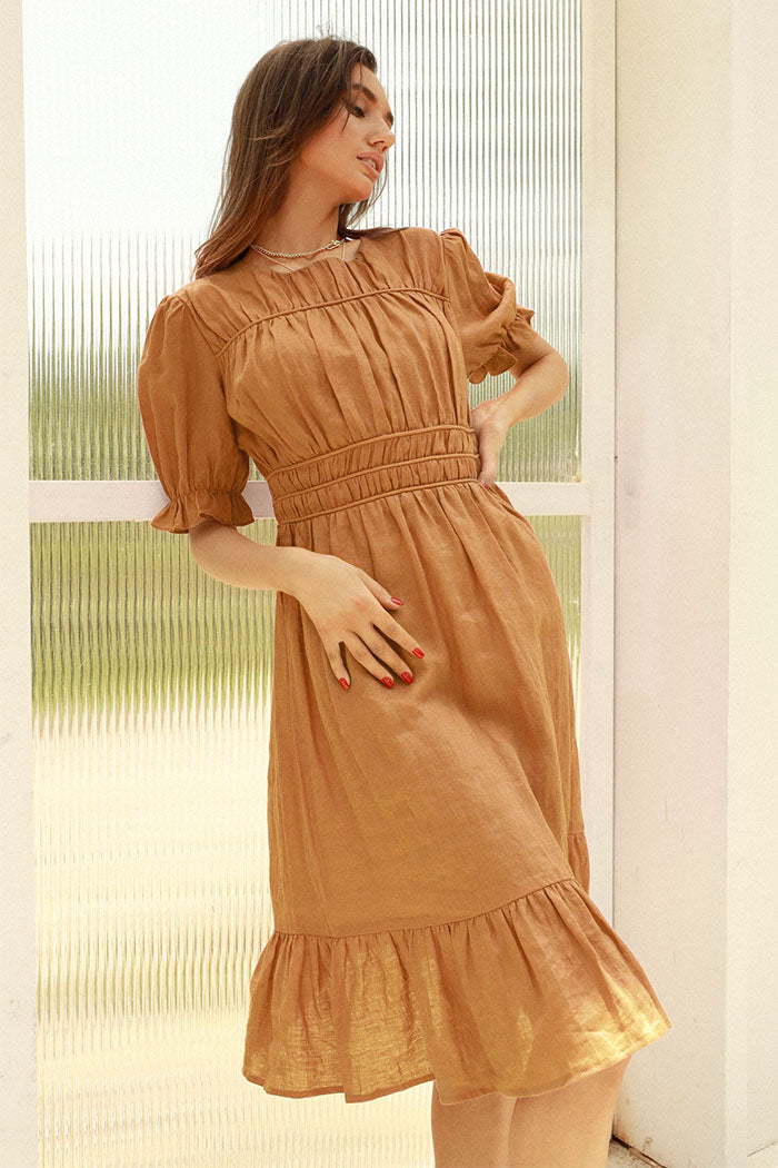 Puffed Sleeves Pleated Dress