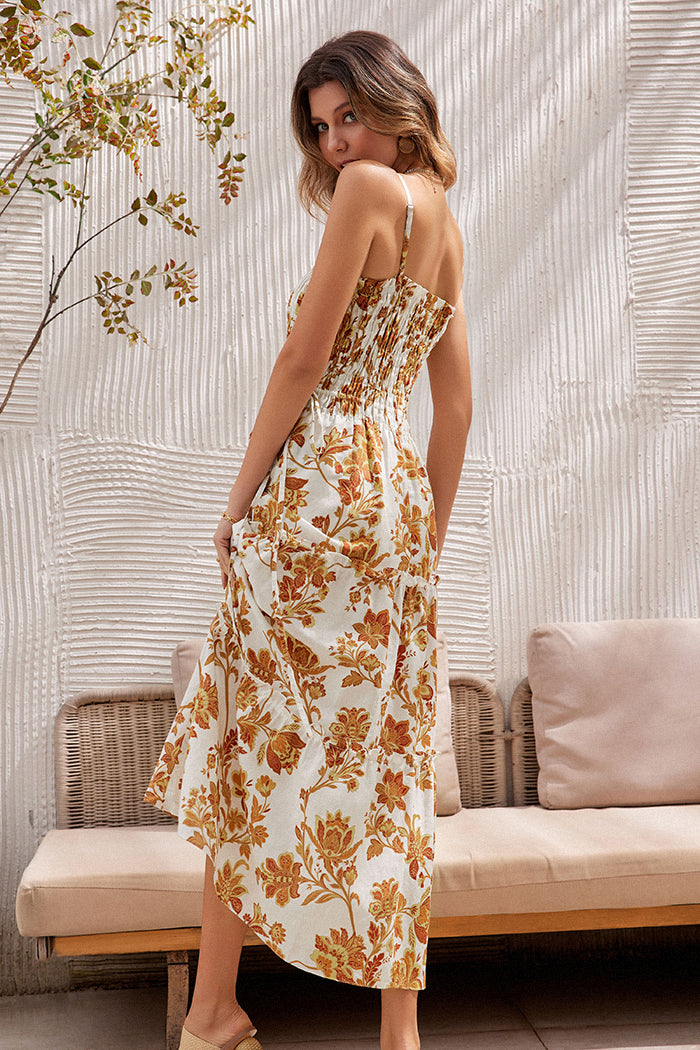 Floral Printed Smocked Silp Maxi Dress