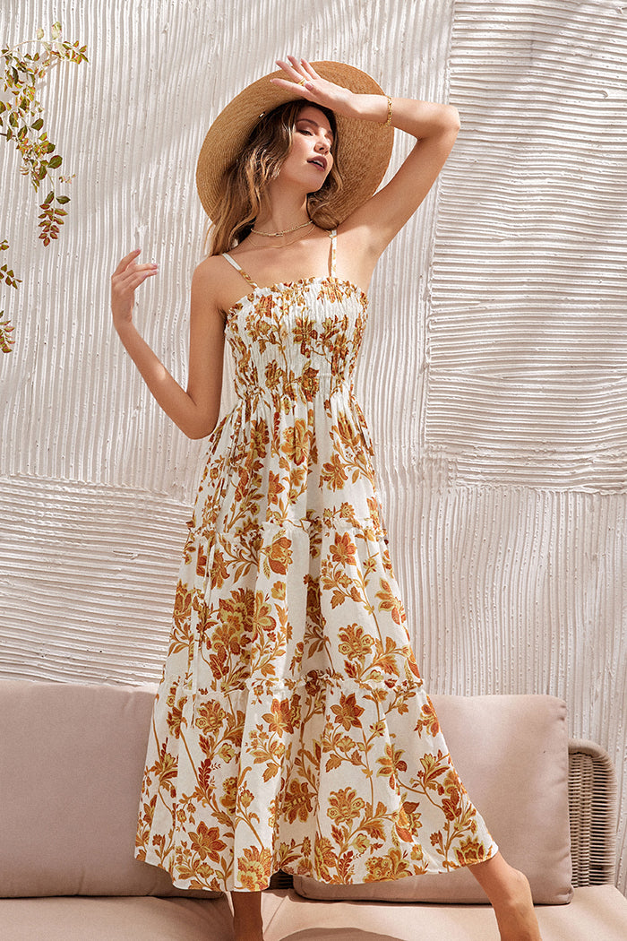 Floral Printed Smocked Silp Maxi Dress