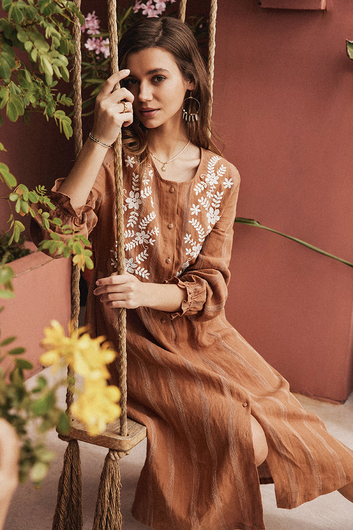 Linen Striped Printed Button-up A-Line Dress Frieeah Linen Striped Printed Button-up A-Line Dress Frieeah