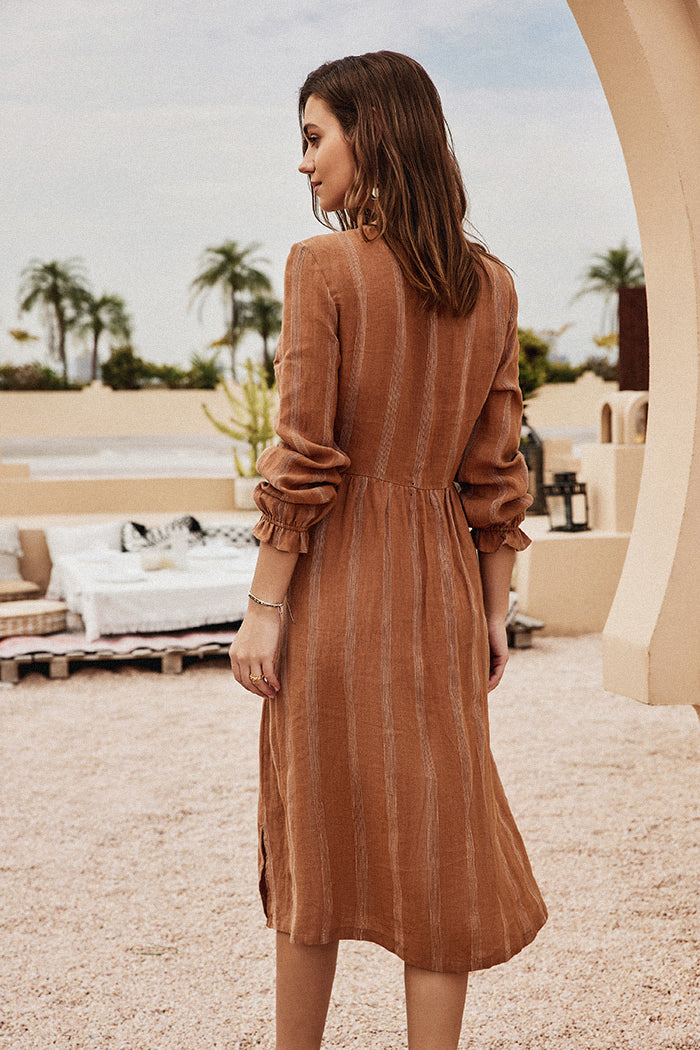 Linen Striped Printed Button-up A-Line Dress Frieeah Linen Striped Printed Button-up A-Line Dress Frieeah
