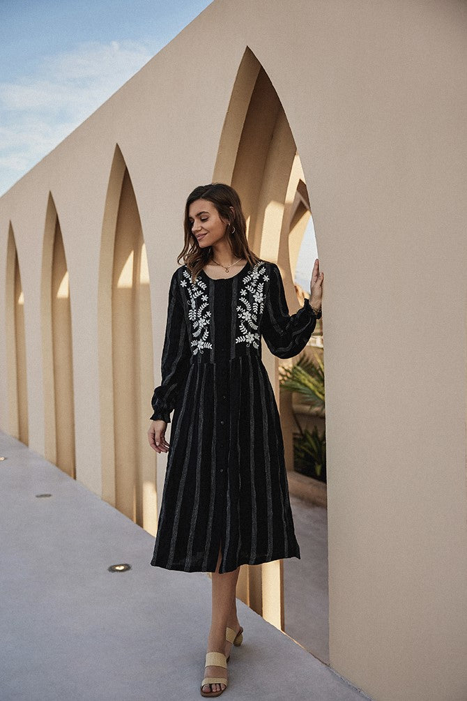 Linen Striped Printed Button-up A-Line Dress Frieeah Linen Striped Printed Button-up A-Line Dress Frieeah