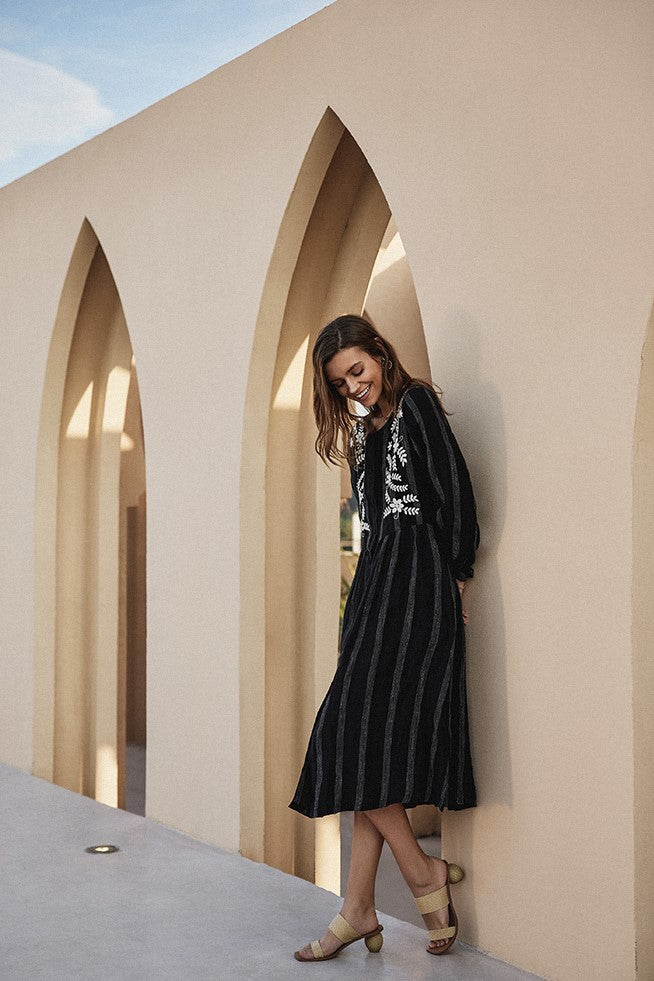 Linen Striped Printed Button-up A-Line Dress Frieeah Linen Striped Printed Button-up A-Line Dress Frieeah